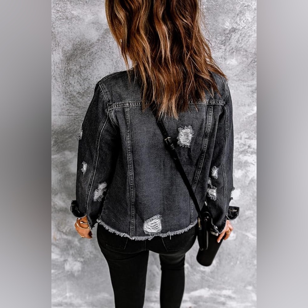Classic Black Jean Denim Jacket Basic Long Sleeve Button Down Distressed Sz M - Picture 5 of 10